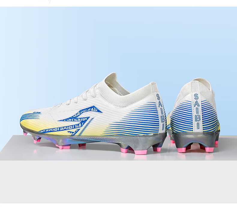 SAIBI Men's Soccer Shoes AG/FG Electroplated Studs Youth Student Professional Training Competition Shoes 3618J White Blue Gold Size 44 24