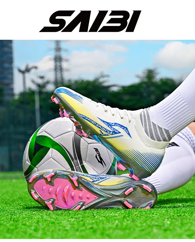 SAIBI Men's Soccer Shoes AG/FG Electroplated Studs Youth Student Professional Training Competition Shoes 3618J White Blue Gold Size 44 18