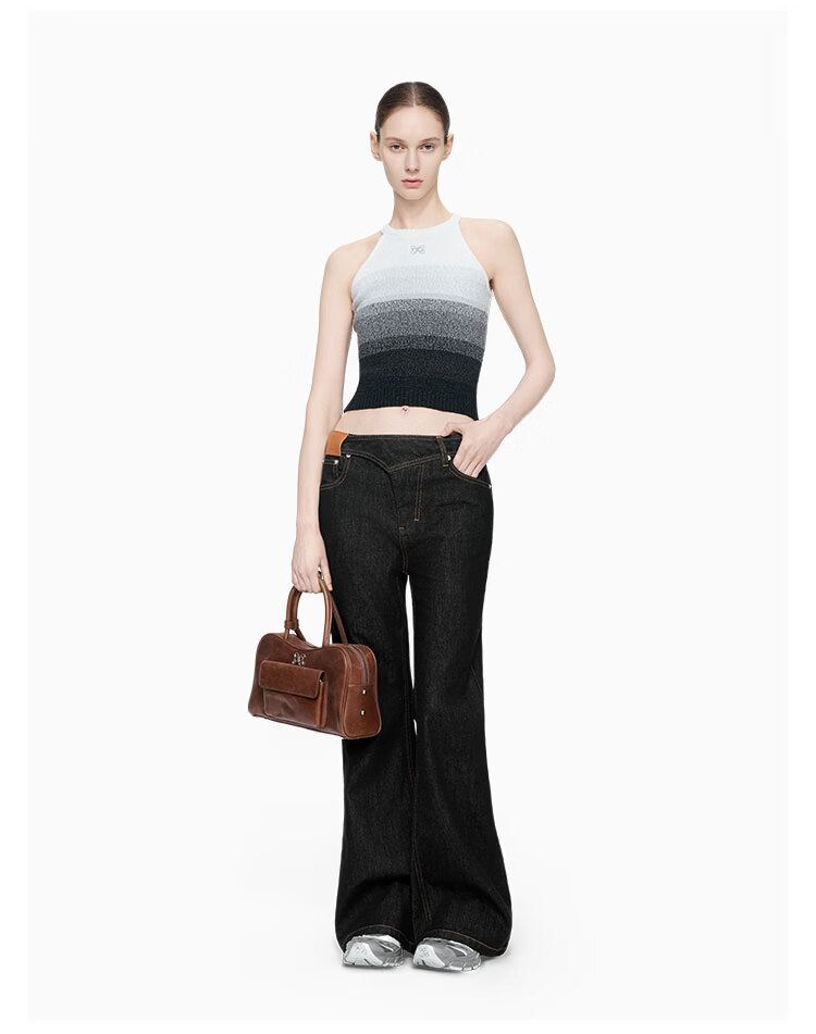 ANN ANDELMAN Official Gradient Knit Vest Women Colorblock Round Neck Chic Cropped Top Black White XS 4