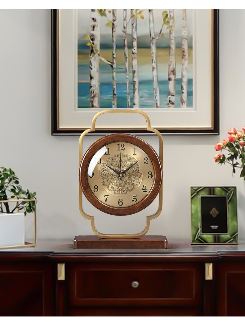 黎鸿 新中式座钟台式钟表中国风黄铜摆件家用办公复古艺术书房坐钟台