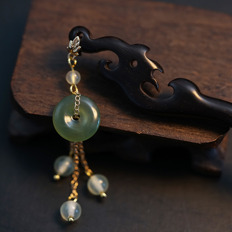 岫玉平安扣发簪子古风流苏黑檀木汉服头饰手工民族风日常简约盘发