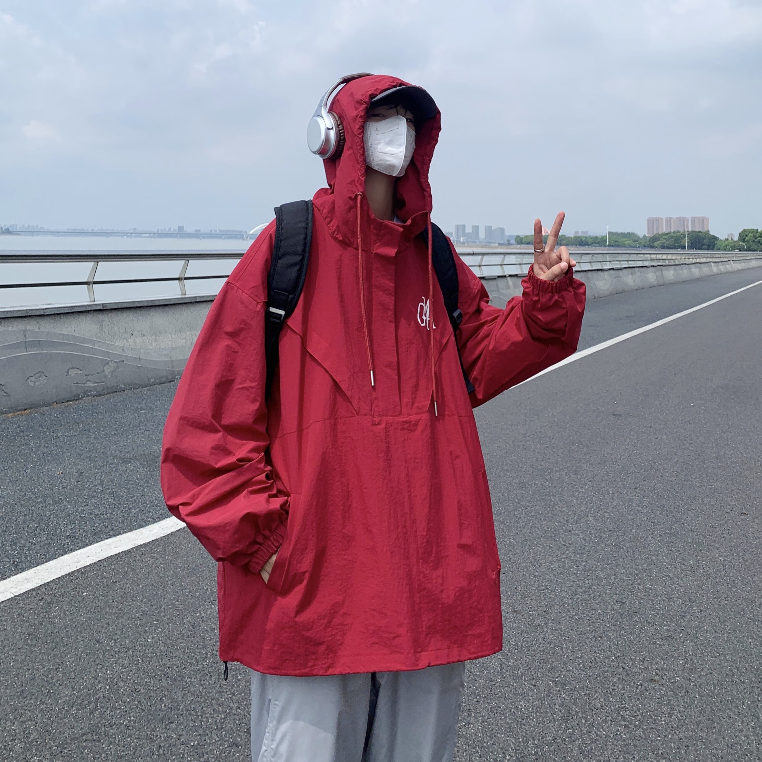 冲锋衣美式acronym套头外套男秋冬款潮牌机能风休闲情侣连帽夹克 黑色