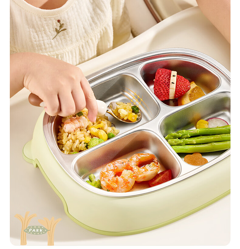 SUPOR Children's Divided Insulated Baby Food Bowl Stainless Steel Removable Lunch Box - Cucumber Green 13