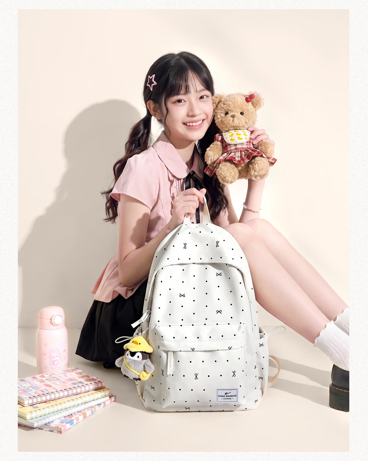 Warrior High-Value Girls' School Backpack Polka Dot College Style Lightweight Large Capacity Travel Bag for Middle and High School Students 14
