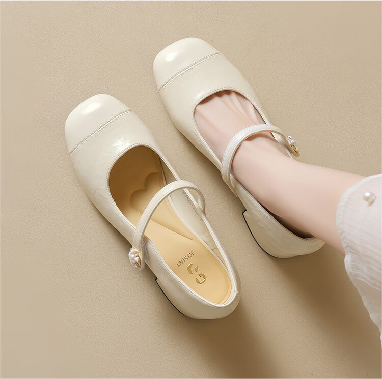 Josiny Mary Jane Shoes Women's Spring Fashion High Heels Chunky Heel Leather Commuting Elegant Flats Off-White 35 4