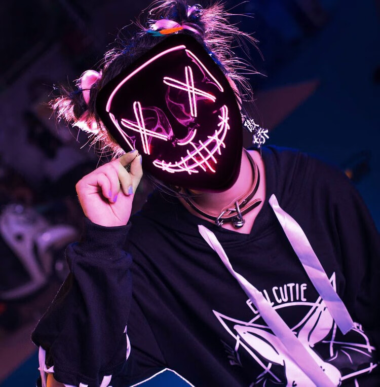 万圣节白色led面罩v字仇杀队男女派对恐怖鬼脸el发光面具 骷髅头蓝色