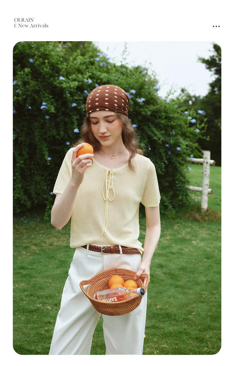 Olrain Summer New Vacation Style Large Round Neck Tie Pullover Knitwear Women Casual Top Yellow L 2
