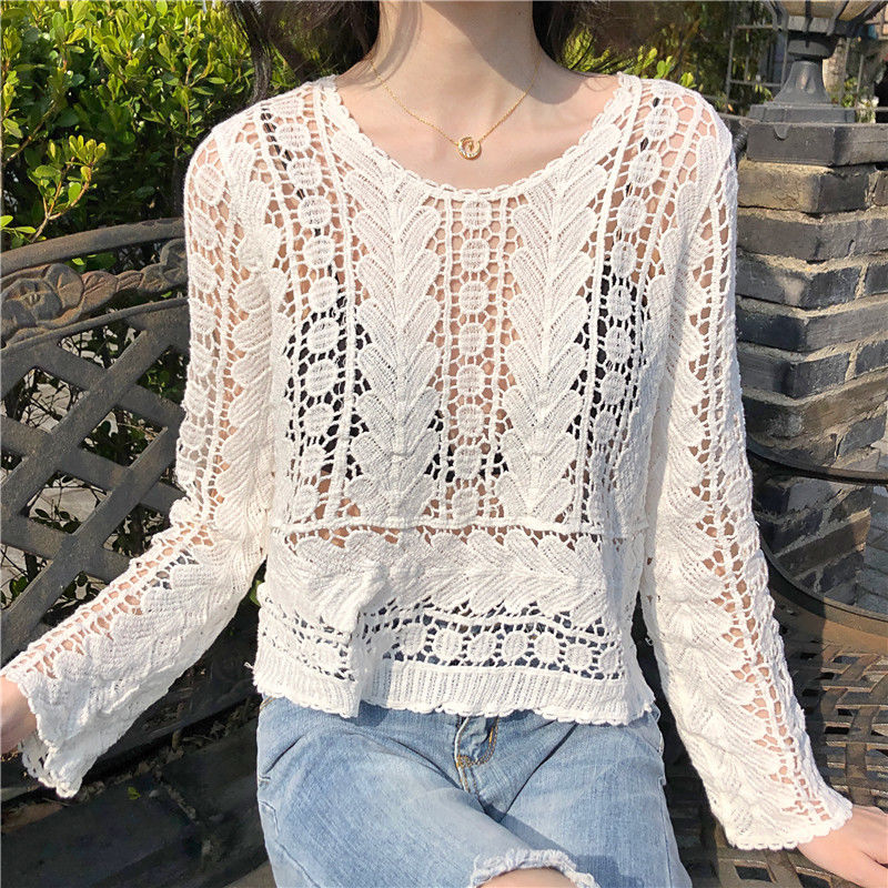 衫气质百搭披肩夏季配子白色长袖上衣镂空网格网衫针织罩衫蕾丝衫女