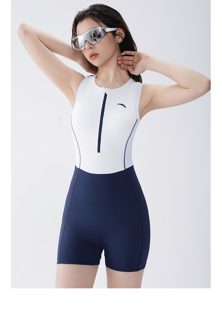 Anta 2026 New Women's Racing Swimwear Slimming Square Leg Trunks Professional Swimming White Navy Blue 20