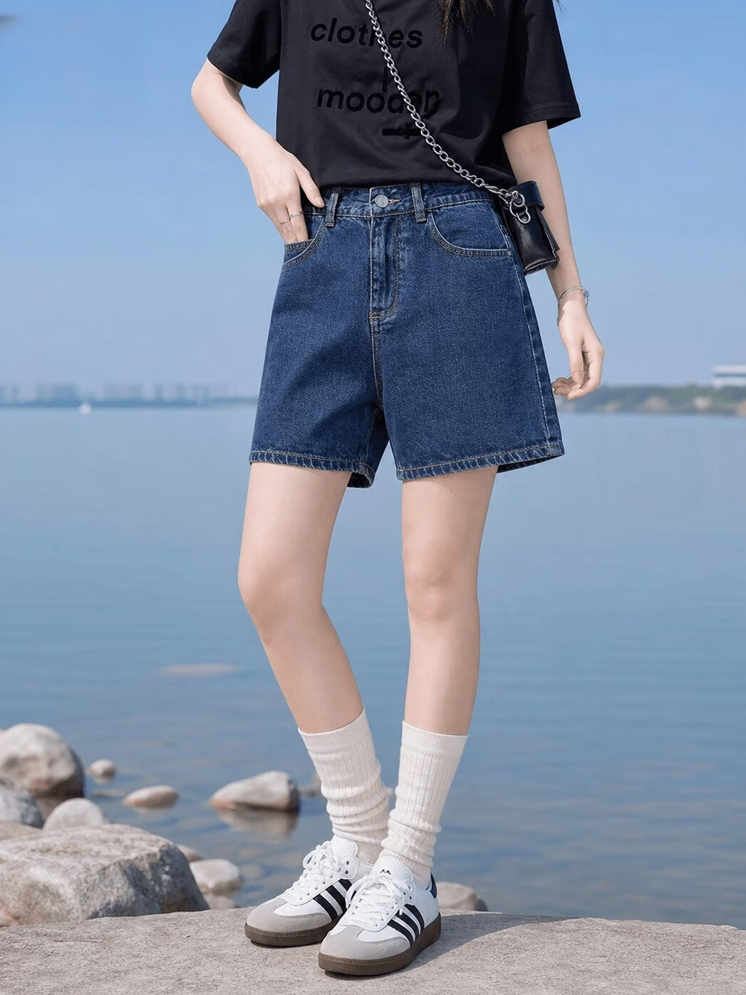Baleno S&K Women's Summer Denim Shorts High-Waist Cotton Stretch A-Line Retro Wide-Leg Beach Casual Pants 10