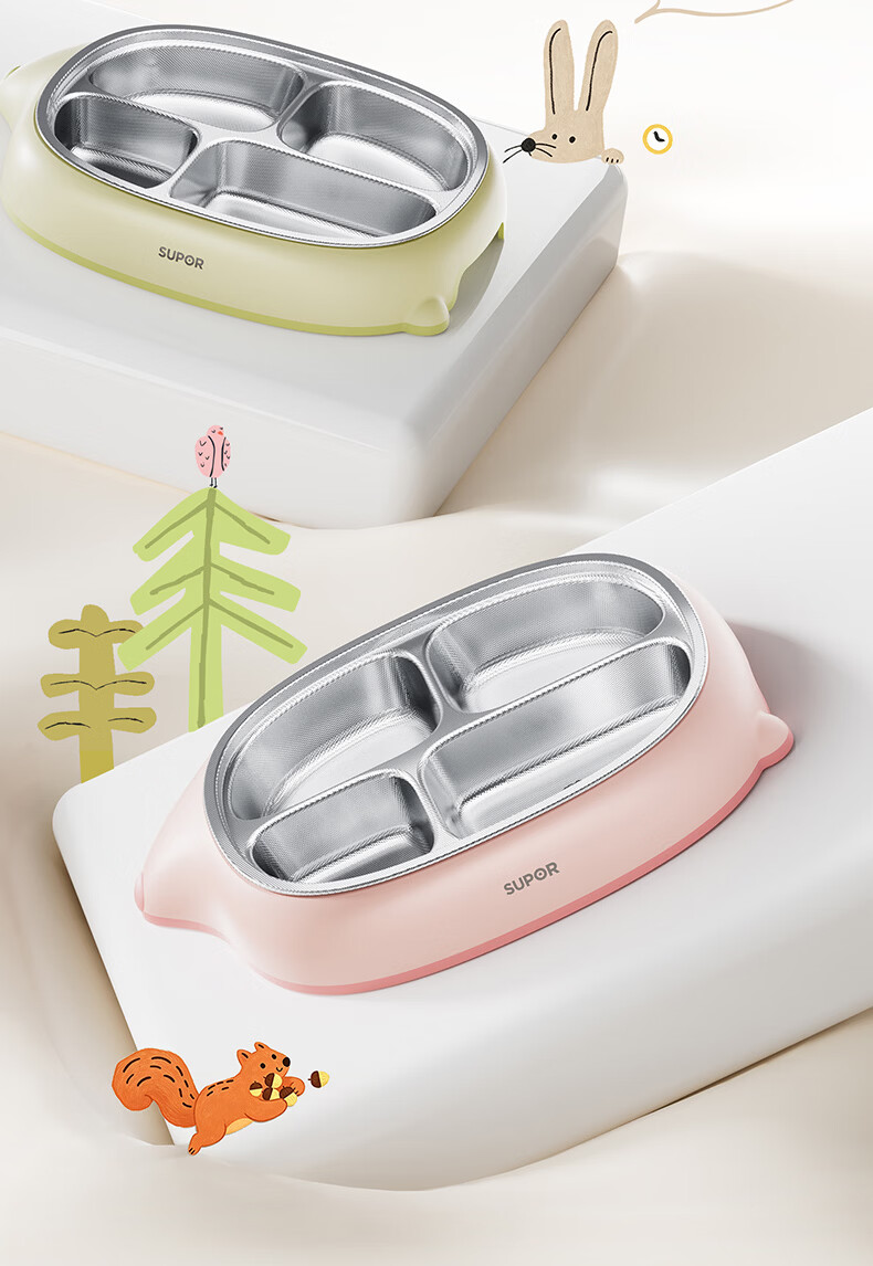 SUPOR Children's Divided Insulated Baby Food Bowl Stainless Steel Removable Lunch Box - Cucumber Green 25