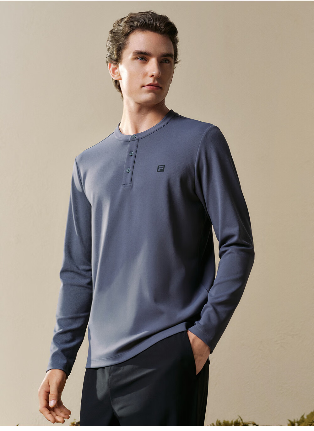 FILA Men's Knitted Long Sleeve T-Shirt 2026 Autumn Henry Collar Sports Fitness Quick-Dry Long Tee 10