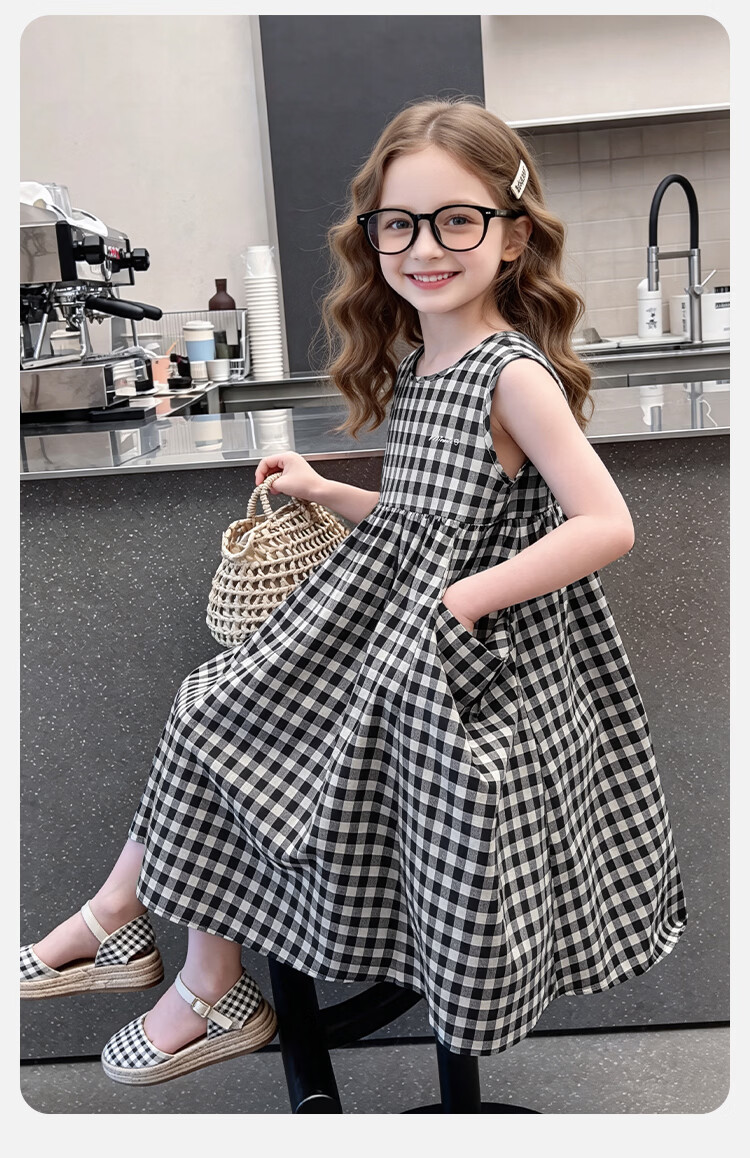 Disney Girls Premium Plaid Sleeveless Dress Summer Big Kids Loose Flared A-Line Long Dress Black and White Plaid 130cm 9