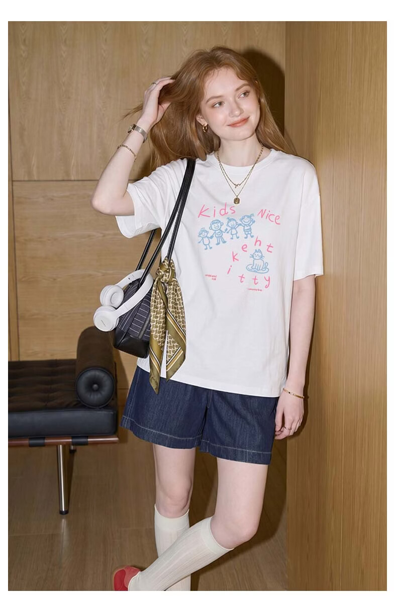 TonLion Women's Short Sleeve T-Shirt Summer Cotton Simple Korean Style Trendy Casual Loose Fit Basic Round Neck Tee 14