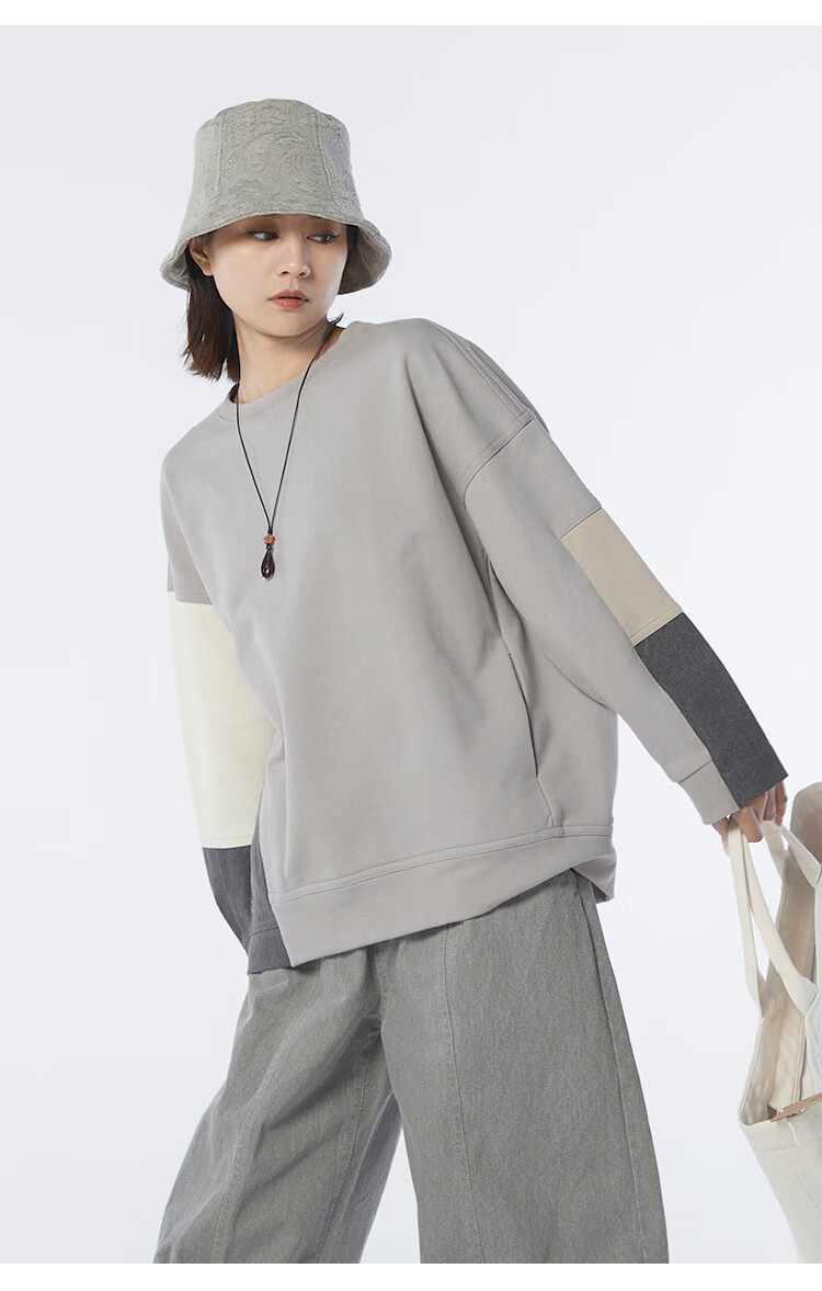 竹林石屋秋季女士拼接卫衣宽松长袖套头休闲圆领通勤情侣款原创款