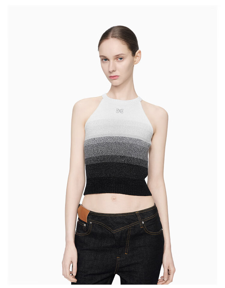 ANN ANDELMAN Official Gradient Knit Vest Women Colorblock Round Neck Chic Cropped Top Black White XS 9
