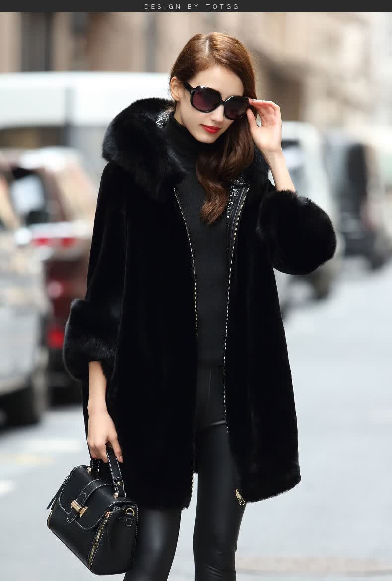 轻奢新款皮毛一体大衣女中长款连帽海宁皮草外套狐狸毛领黄金水貂绒