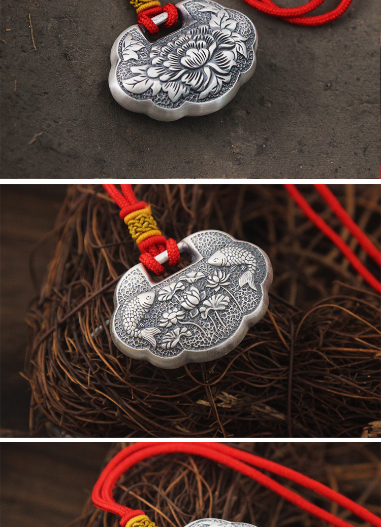 克丽诗纳 999足银长命锁 银儿童银锁 吊坠挂坠毛衣链 复古文艺风 鱼跃