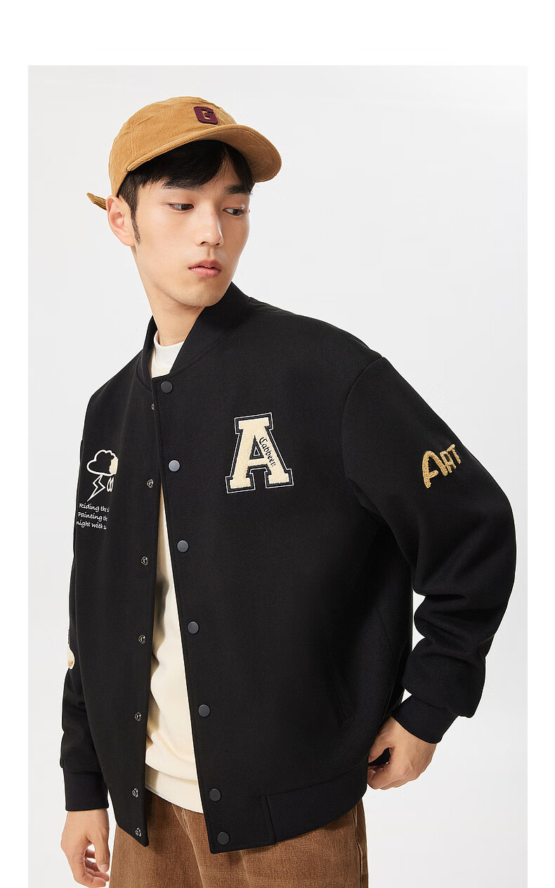 Cabbeen [Thickened Brushed Fabric] Men's Towel Embroidered Baseball Jacket Loose Fit American Street Style Coat 13