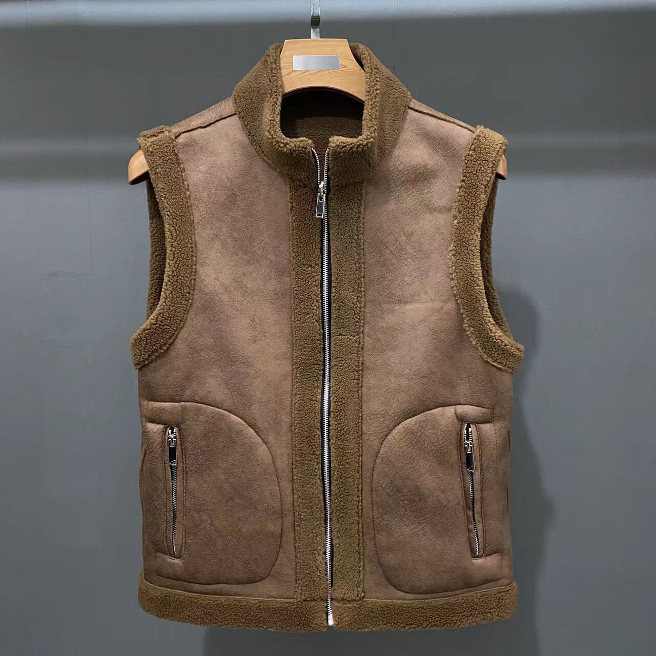 恒源祥冬季羊羔毛马甲男加绒加厚皮毛一体两面穿颗粒羊剪绒立领坎肩