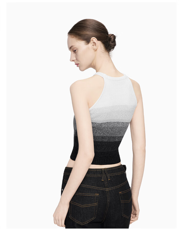 ANN ANDELMAN Official Gradient Knit Vest Women Colorblock Round Neck Chic Cropped Top Black White XS 10