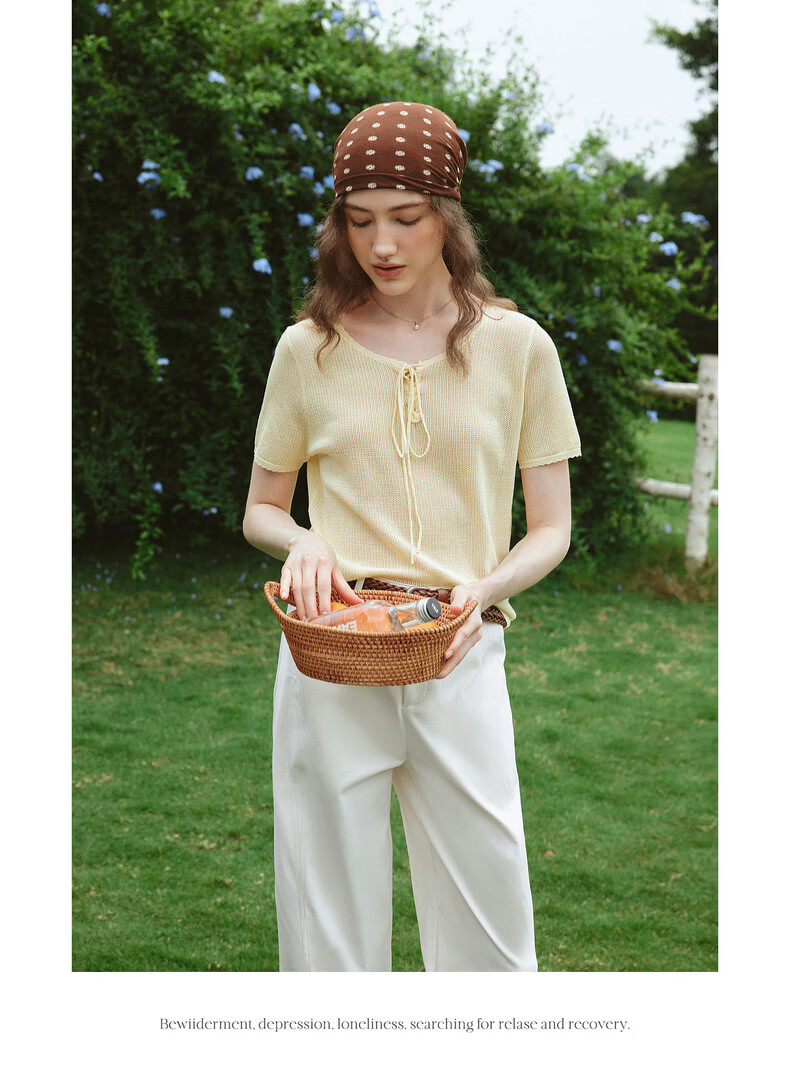 Olrain Summer New Vacation Style Large Round Neck Tie Pullover Knitwear Women Casual Top Yellow L 10