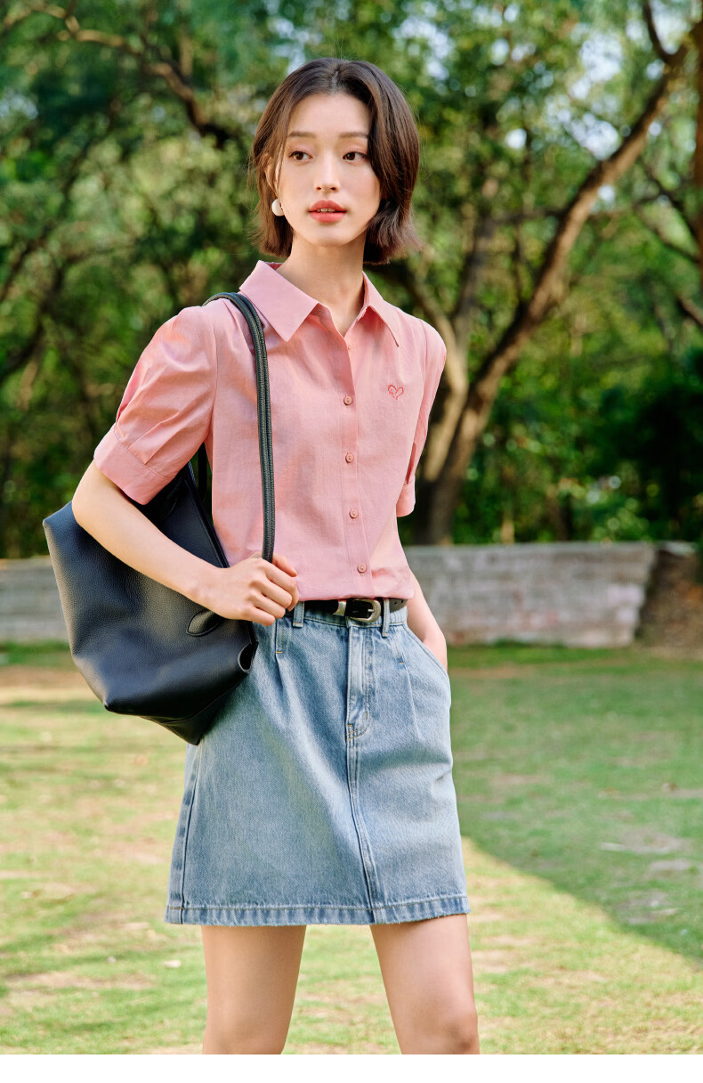 Inman Commuter Pleated Puff Sleeve 100% Cotton Shirt Summer Women's Turn-down Collar Embroidered Blouse Klein Blue S 21