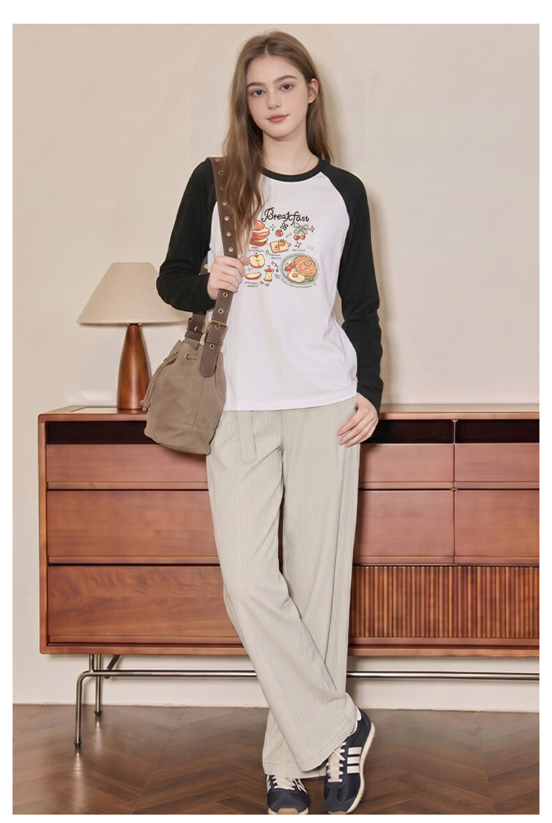 TonLion Women's Pure Cotton Long Sleeve T-Shirt Spring and Autumn New Heavyweight Color Block Loose Slim Trendy Base Shirt 9