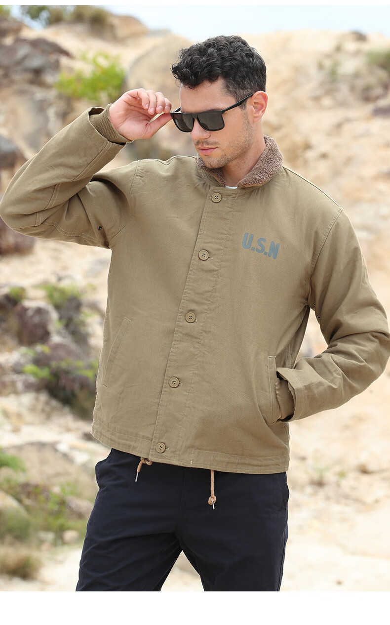 搜六六美式复古工装棉服男海军n1甲板服加厚棉衣连帽羊羔绒外套军绿色