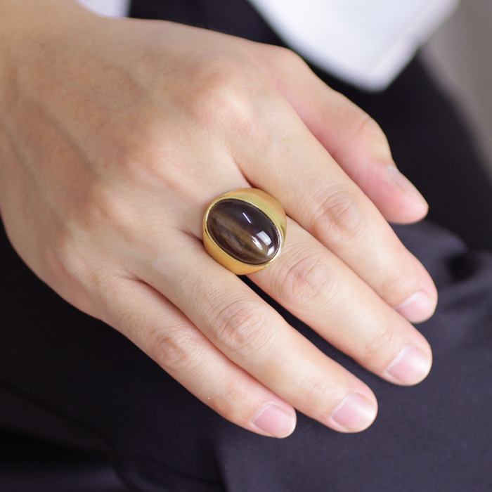 复古男士镀k金戒指 光面钛钢猫眼石转运戒子 男霸气指环刻字 绿色猫眼