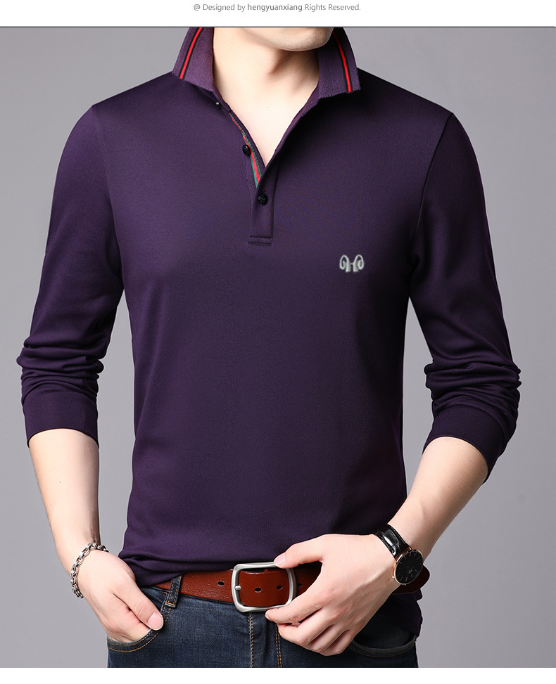 官方旗舰店正品恒源祥中年男士长袖t恤翻领休闲polo衫男纯色丝光棉