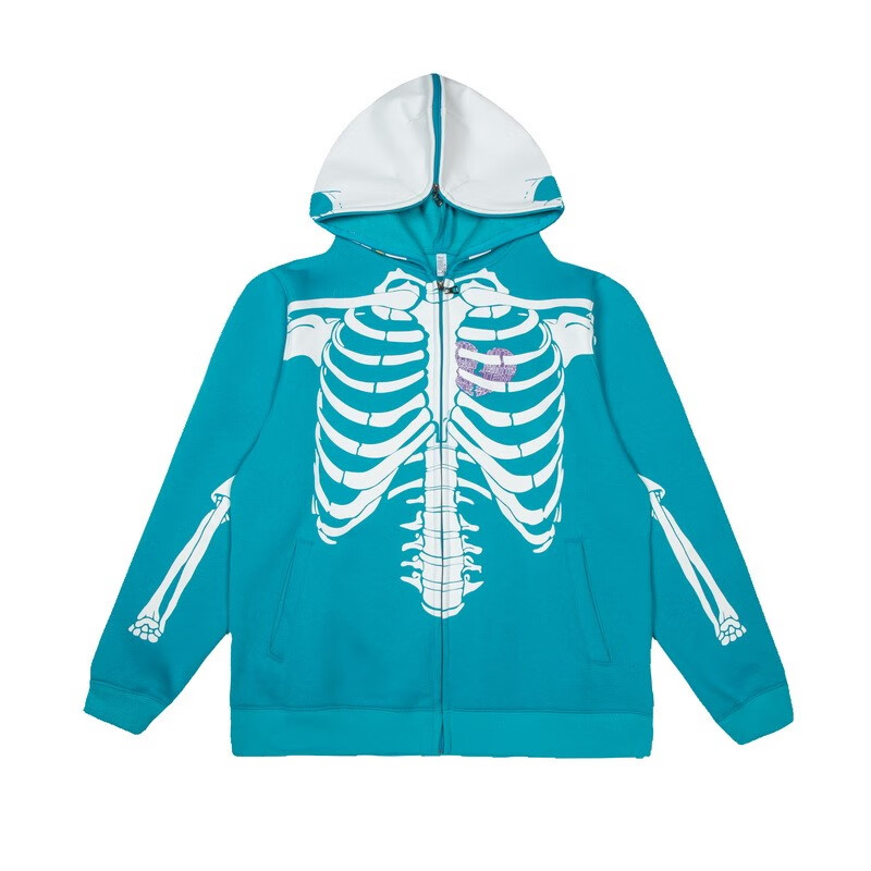 kapital平田和宏骨架骨头印花街头潮牌拉链开衫外套加绒连帽卫衣 红色