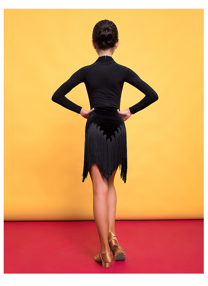 拉丁舞服装女童秋冬新款 拉丁舞服比赛服演出连衣裙儿童流苏舞裙 黑色