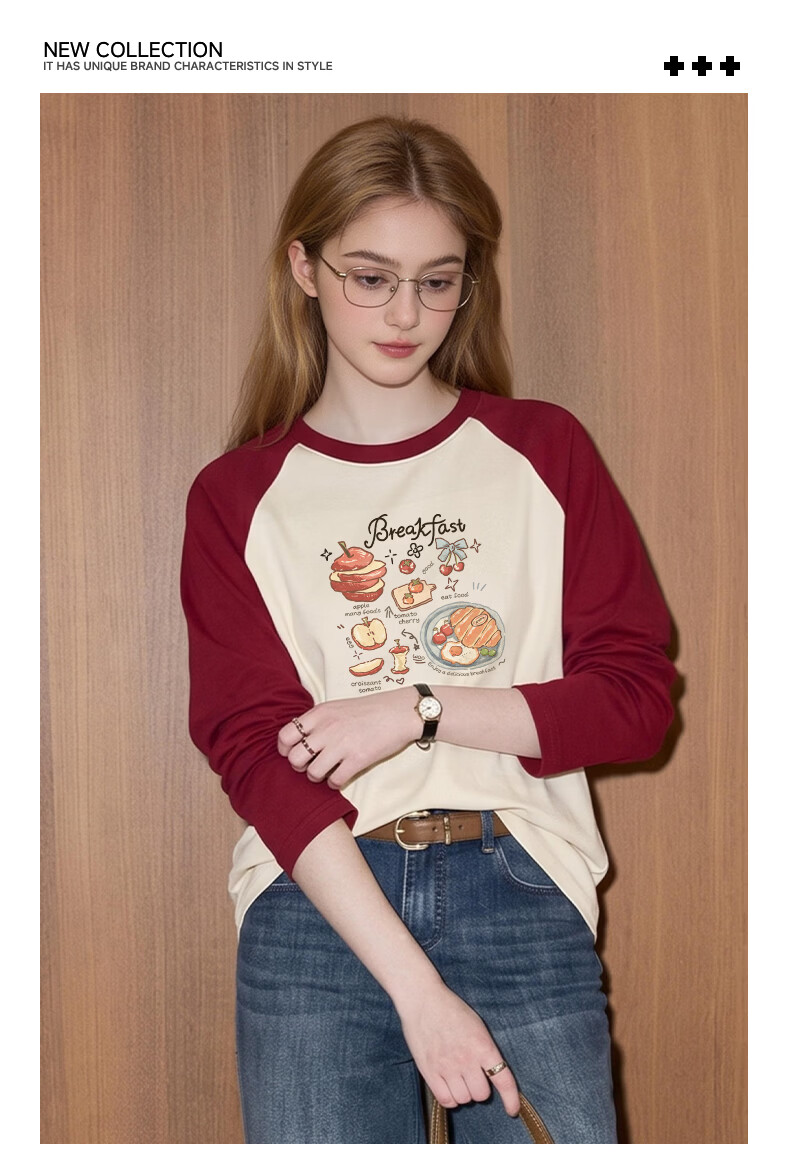 TonLion Women's Pure Cotton Long Sleeve T-Shirt Spring and Autumn New Heavyweight Color Block Loose Slim Trendy Base Shirt 2