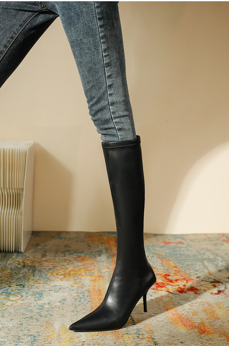 女士细高跟长筒靴子显瘦长靴女冬瘦瘦靴尖头骑士靴高跟高筒单靴 绿色