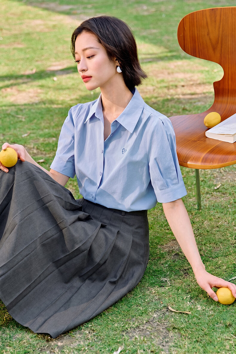 Inman Commuter Pleated Puff Sleeve 100% Cotton Shirt Summer Women's Turn-down Collar Embroidered Blouse Klein Blue S 18