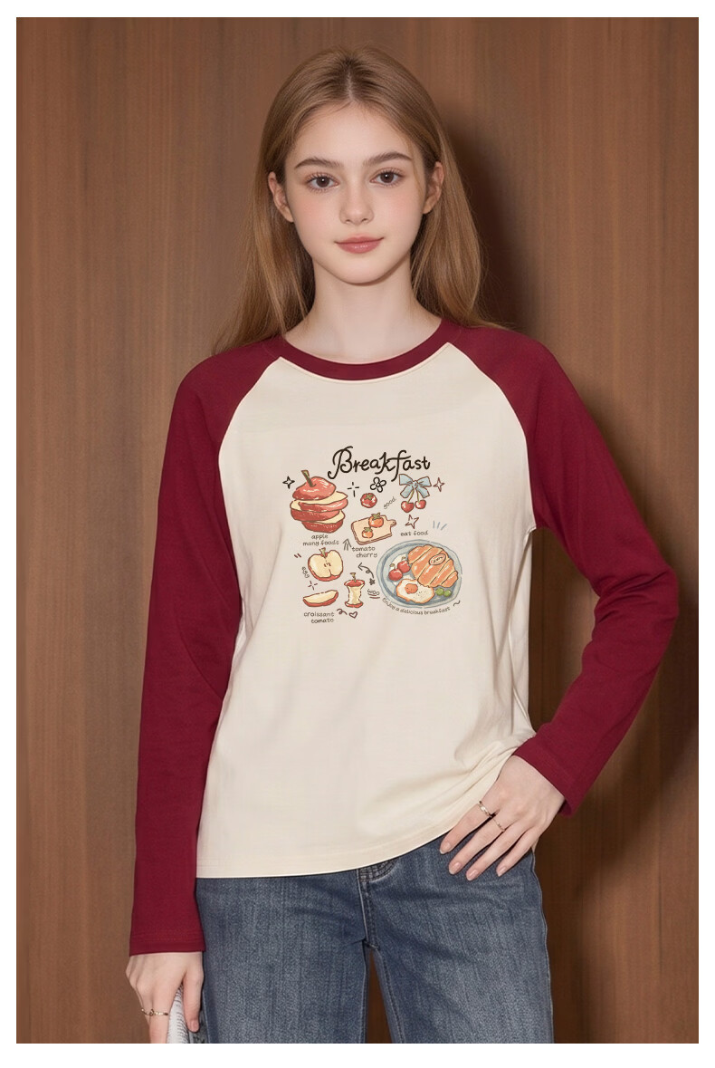 TonLion Women's Pure Cotton Long Sleeve T-Shirt Spring and Autumn New Heavyweight Color Block Loose Slim Trendy Base Shirt 13
