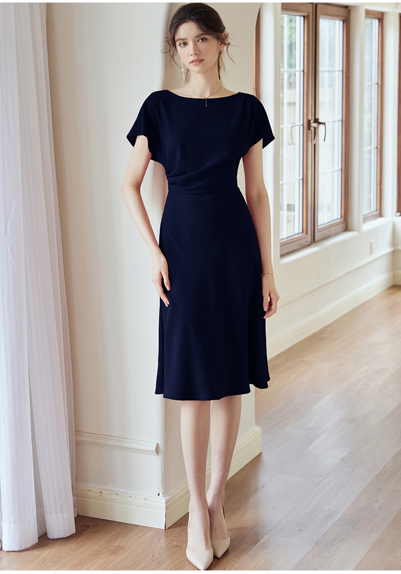 roeyshouse罗衣知性连衣裙女2022夏装新款气质蝙蝠袖褶皱大摆裙06560