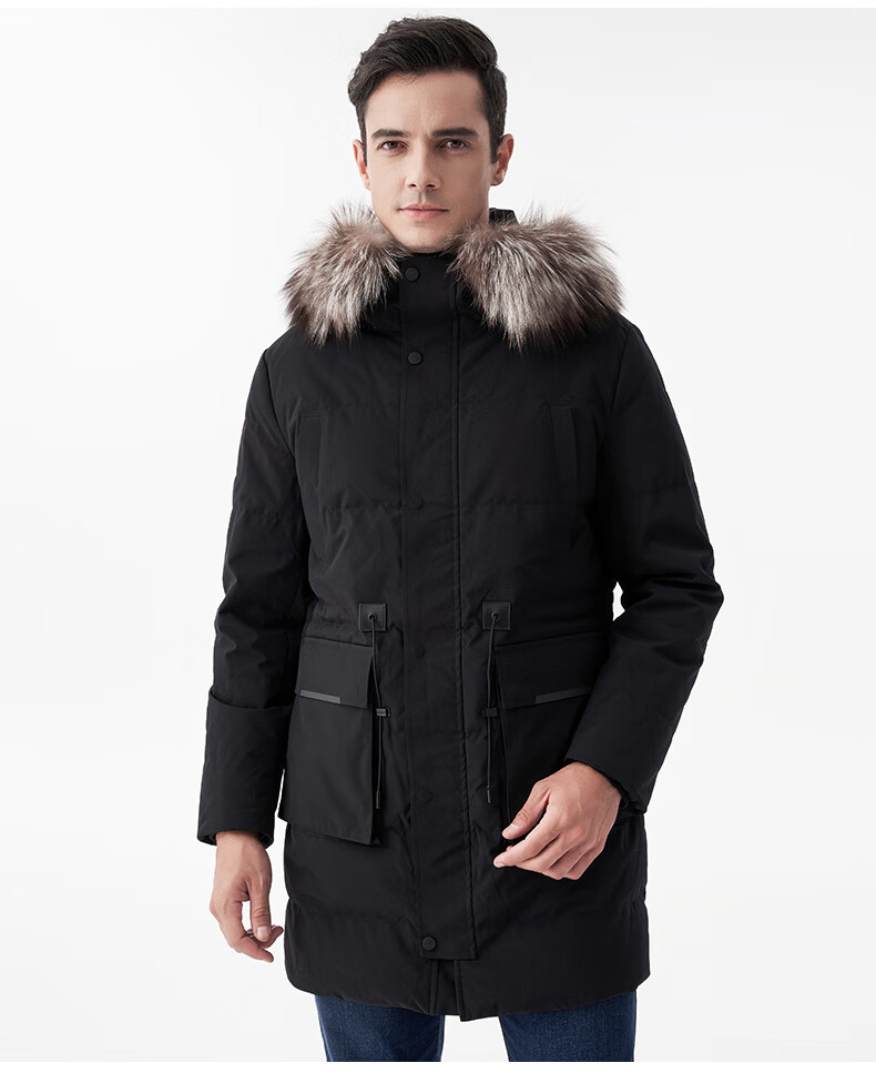 比华利保罗22秋冬中长款羽绒服男加厚保暖男士连帽外套 黑色 56【图片