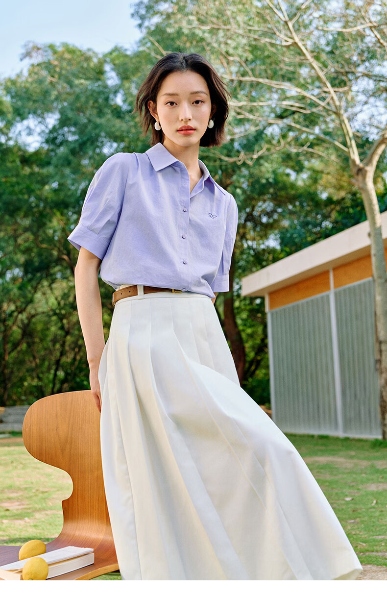 Inman Commuter Pleated Puff Sleeve 100% Cotton Shirt Summer Women's Turn-down Collar Embroidered Blouse Klein Blue S 25