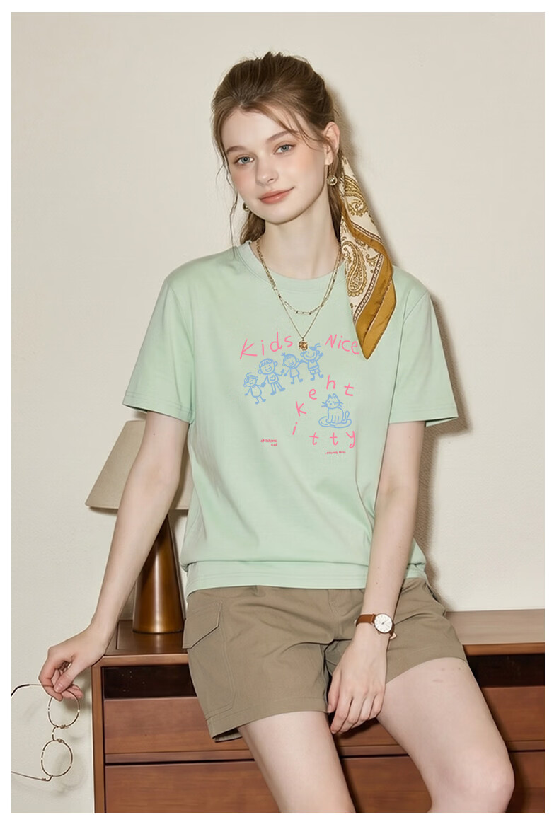 TonLion Women's Heavyweight Cotton Short Sleeve T-Shirt Loose Fit American Style Simple Line Drawing Print Summer New Trendy Petite Top 11