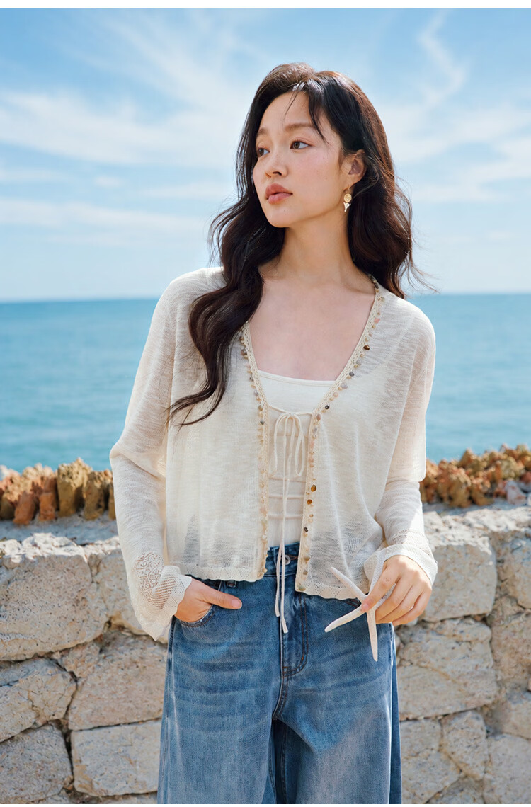 INMAN Beaded Knit Cardigan Summer 2026 Women's Hollow Long Sleeve Flower Apricot M 22