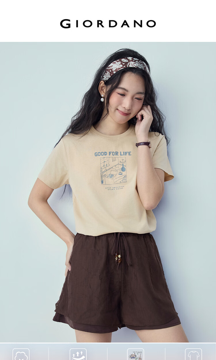 Giordano Women's Short Sleeve T-Shirt New Pure Cotton Afternoon Tea Theme Printed Crew Neck Top 13396304 3