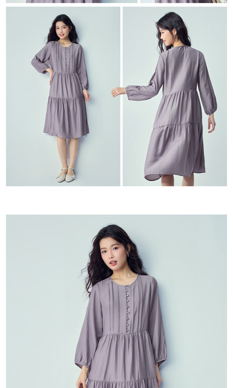 Giordano Women's Loose Pleated Striped Round Neck Half-Placket Dress 2026 Autumn 05466066 12