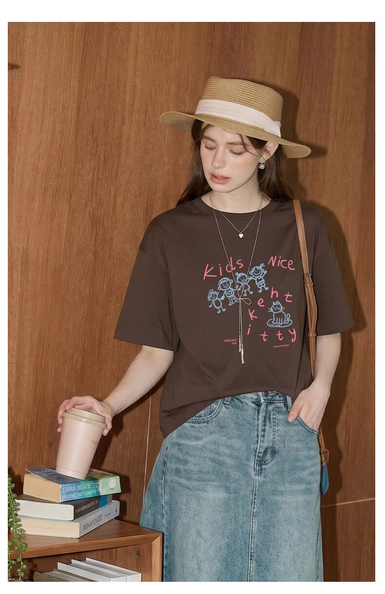 TonLion Women's Short Sleeve T-Shirt Summer Cotton Simple Korean Style Trendy Casual Loose Fit Basic Round Neck Tee 18