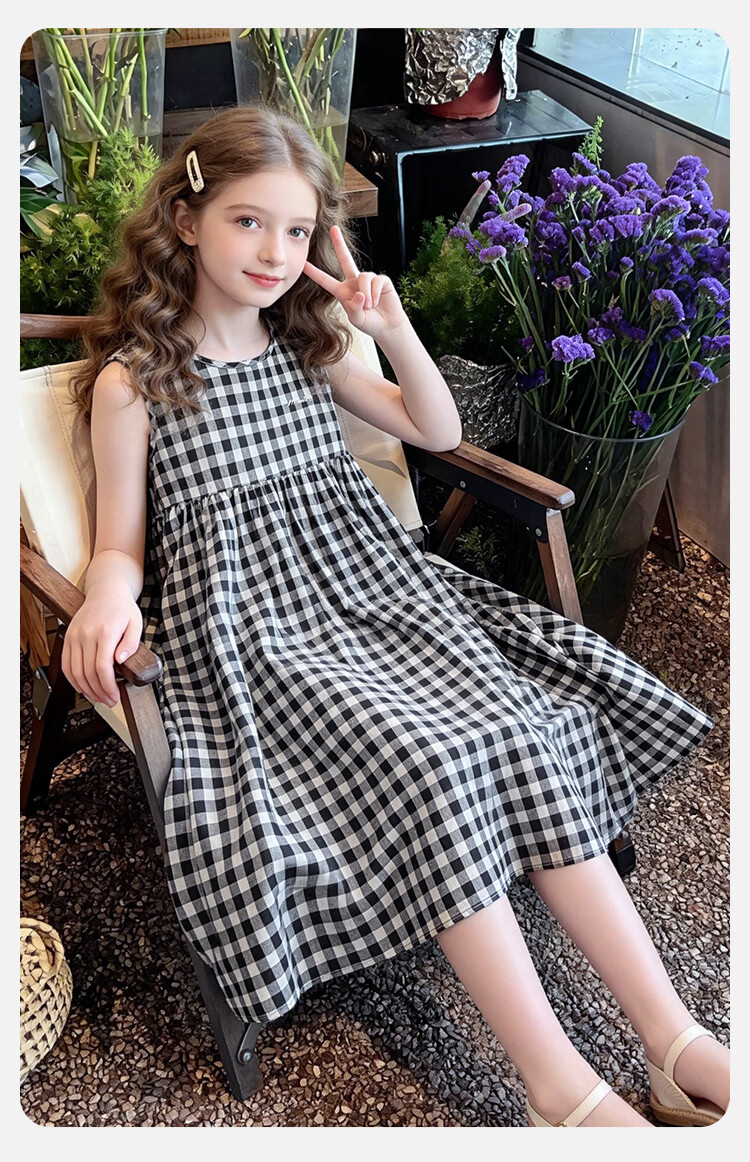 Disney Girls Premium Plaid Sleeveless Dress Summer Big Kids Loose Flared A-Line Long Dress Black and White Plaid 130cm 8