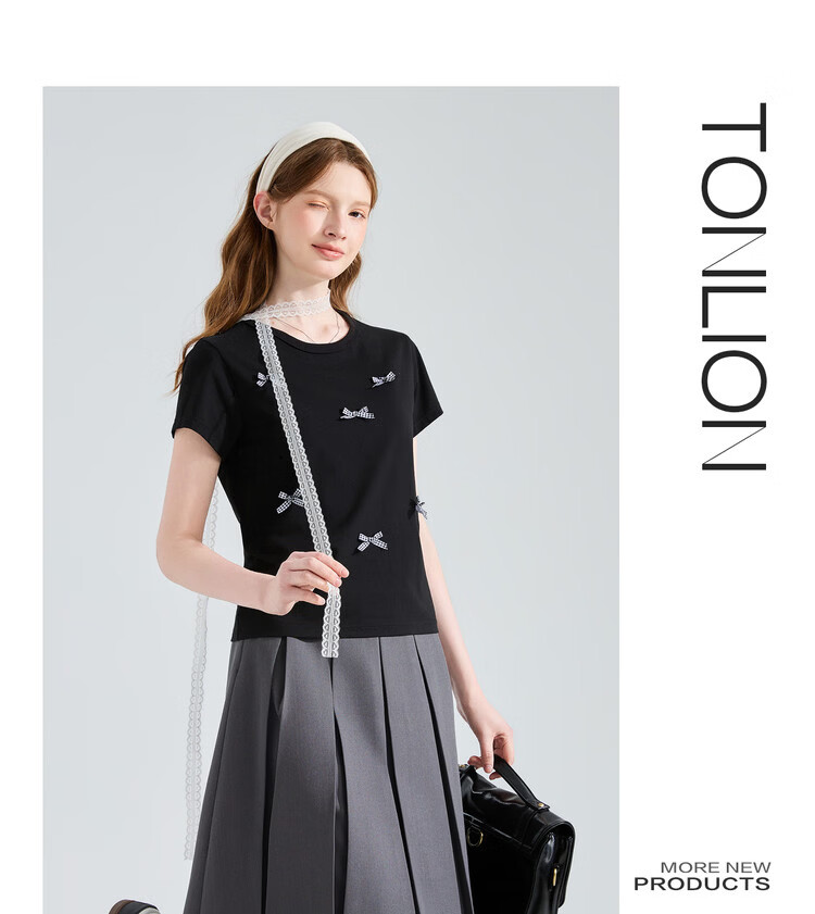 TonLion 2026 Summer New Short Sleeve T-Shirt for Women Black Bow Design Casual Early Spring Youthful Style 11