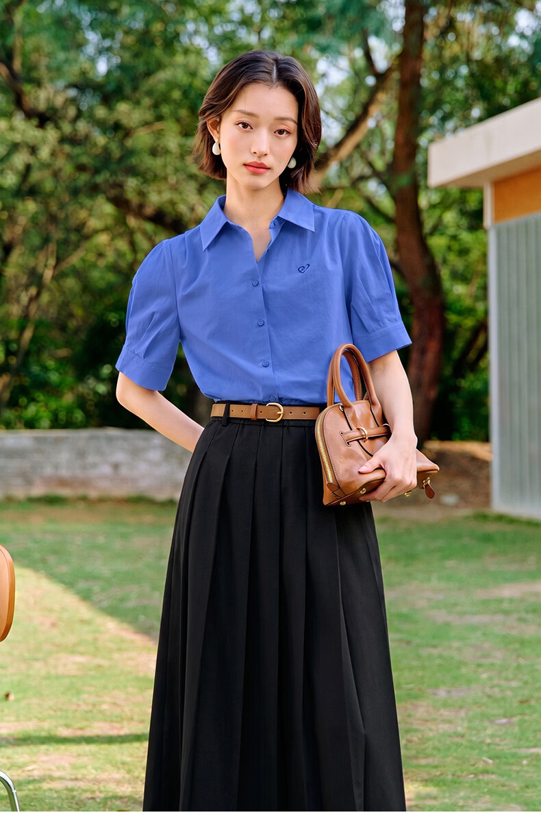 Inman Commuter Pleated Puff Sleeve 100% Cotton Shirt Summer Women's Turn-down Collar Embroidered Blouse Klein Blue S 24