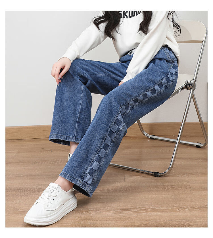 生少女加绒阔腿裤子宽松中学生百搭直筒初中高中加厚冬装大童牛仔裤