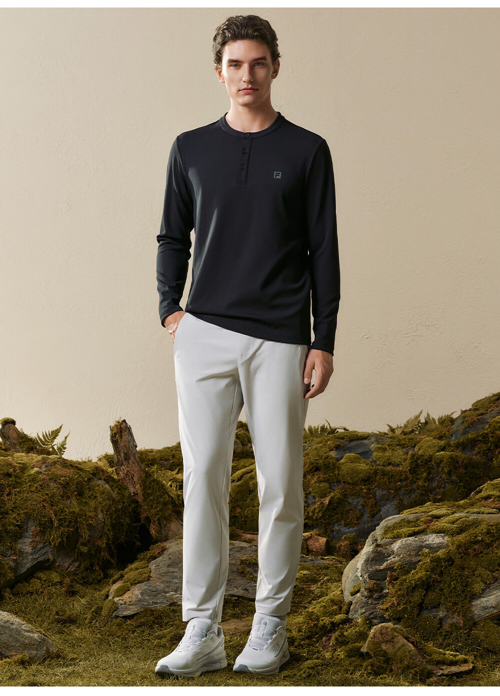 FILA Men's Knitted Long Sleeve T-Shirt 2026 Autumn Henry Collar Sports Fitness Quick-Dry Long Tee 8